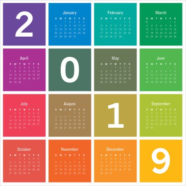 Yıl 2019 takvim vektör tasarım şablonu, basit ve temiz tasarım