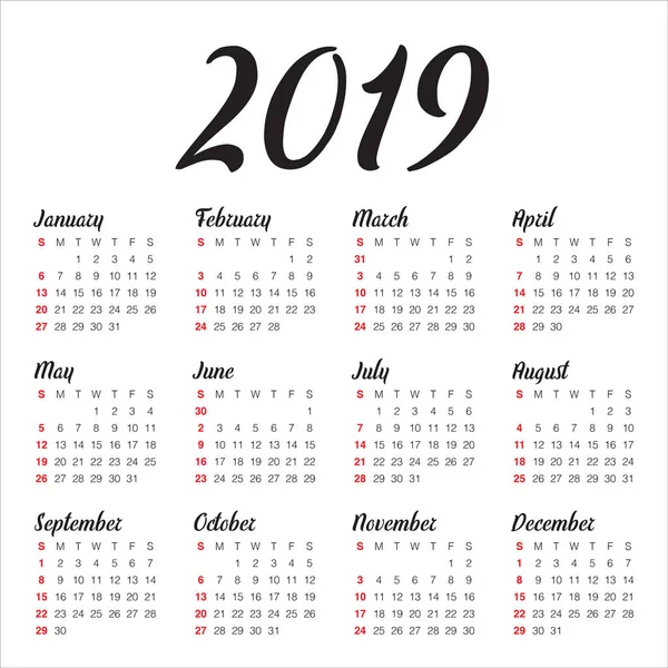 Roku 2019 Kalendář Vektorové Šablona Návrhu Jednoduchý Čistý Design — Stockový vektor