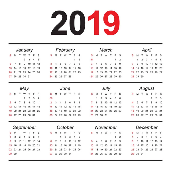 Year 2019 Calendar Vector Design Template Simple Clean Design — Stock Vector