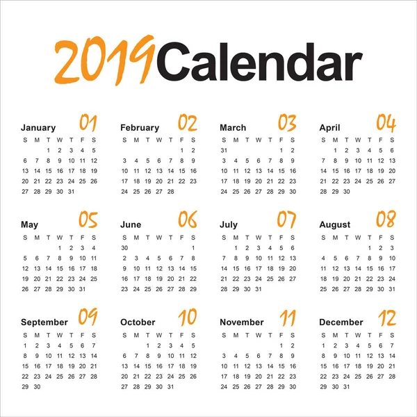 Année 2019 Modèle Conception Vectorielle Calendrier Conception Simple Propre — Image vectorielle