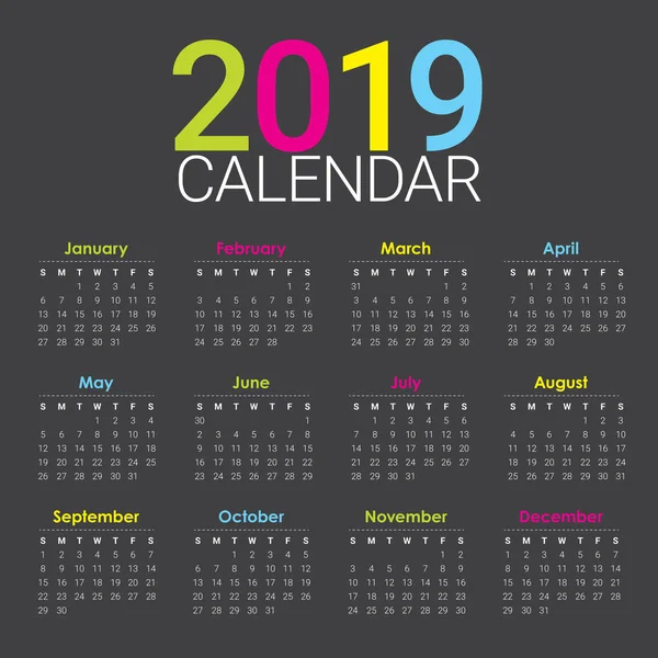 Año 2019 Plantilla Diseño Vectores Calendario Diseño Simple Limpio — Vector de stock