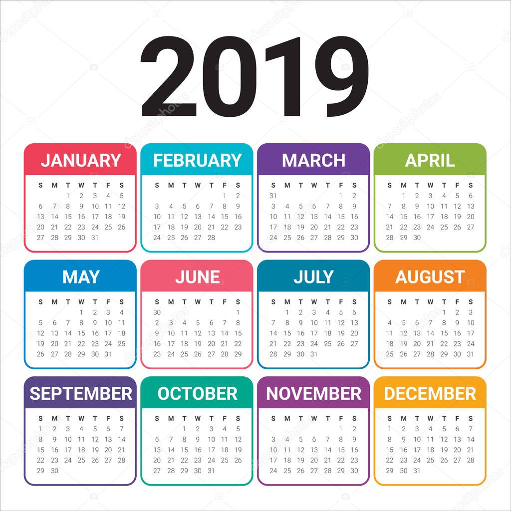Year 2019 calendar vector design template, simple and clean design