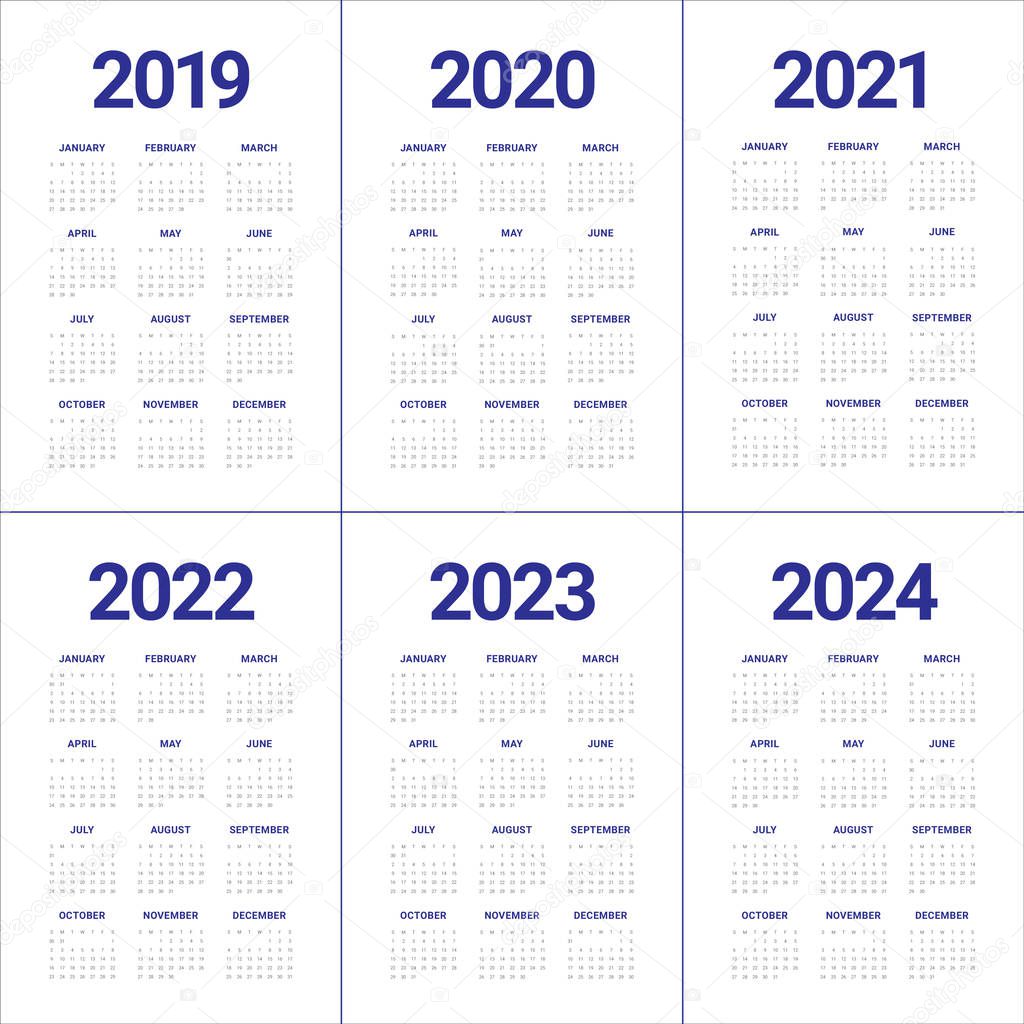 Year 2019 2020 2021 2022 2023 2024 calendar vector design template, simple and clean design