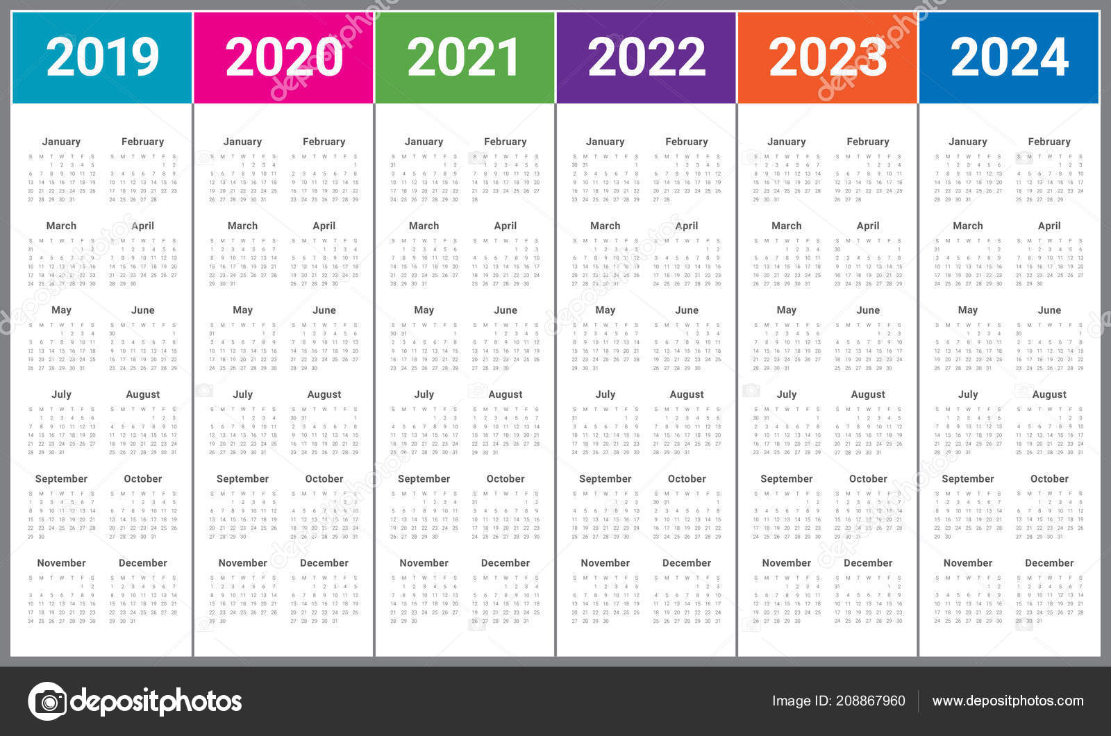 Year 2019 2020 2021 2022 2023 2024 Calendar Vector Design Stock Vector