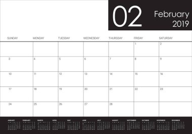 Şubat 2019 Resepsiyon takvim vektör çizim, basit ve temiz tasarım. 