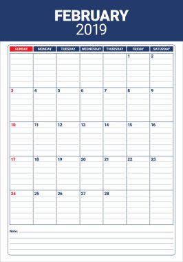 Şubat 2019 Resepsiyon takvim vektör çizim, basit ve temiz tasarım. 