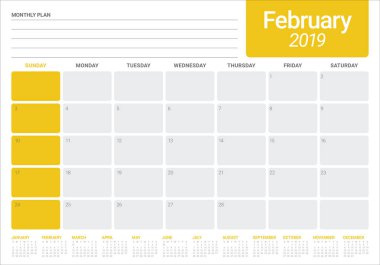 Şubat 2019 Resepsiyon takvim vektör çizim, basit ve temiz tasarım. 