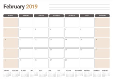 Şubat 2019 Resepsiyon takvim vektör çizim, basit ve temiz tasarım. 