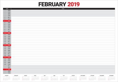 Şubat 2019 Resepsiyon takvim vektör çizim, basit ve temiz tasarım. 