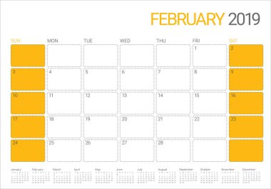 Şubat 2019 Resepsiyon takvim vektör çizim, basit ve temiz tasarım. 
