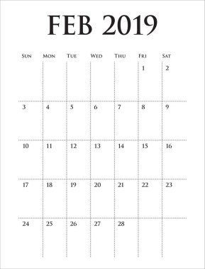 Şubat 2019 Resepsiyon takvim vektör çizim, basit ve temiz tasarım. 