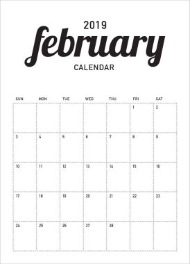 Şubat 2019 Resepsiyon takvim vektör çizim, basit ve temiz tasarım. 