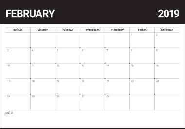 Şubat 2019 Resepsiyon takvim vektör çizim, basit ve temiz tasarım. 