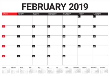 Şubat 2019 Resepsiyon takvim vektör çizim, basit ve temiz tasarım. 