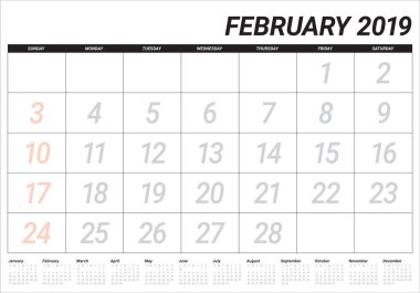 Şubat 2019 Resepsiyon takvim vektör çizim, basit ve temiz tasarım. 