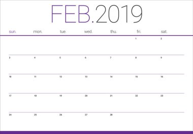 Şubat 2019 Resepsiyon takvim vektör çizim, basit ve temiz tasarım. 