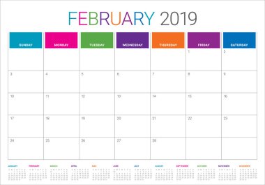 Şubat 2019 Resepsiyon takvim vektör çizim, basit ve temiz tasarım. 