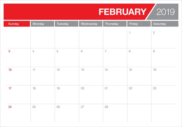 2019年2月台历矢量插画 简洁整洁的设计 — 图库矢量图片