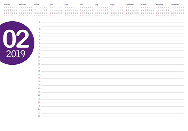 Febrero 2019 Escritorio Calendario Vector Ilustración Diseño Simple Limpio — Archivo Imágenes Vectoriales