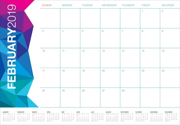 Лютий 2019 Настільний Календар Векторні Ілюстрації Простий Чистий Дизайн — стоковий вектор