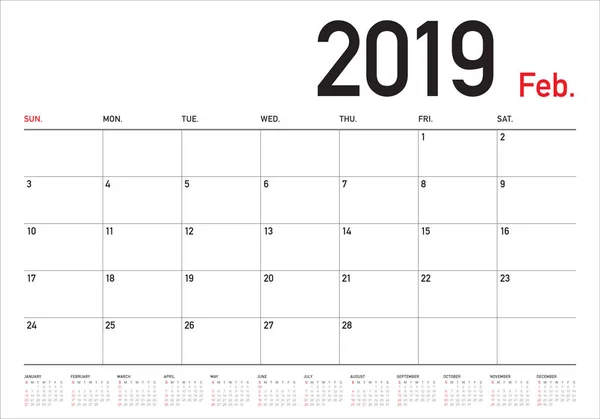 Fevereiro 2019 Mesa Calendário Vetor Ilustração Design Simples Limpo — Vetor de Stock