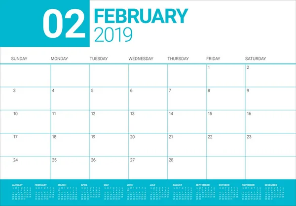 Februar 2019 Schreibtischkalender Vektor Illustration Einfaches Und Sauberes Design — Stockvektor