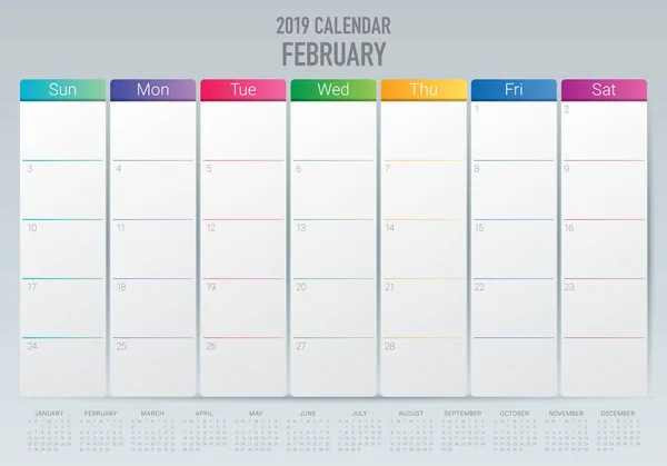 Лютий 2019 Настільний Календар Векторні Ілюстрації Простий Чистий Дизайн — стоковий вектор
