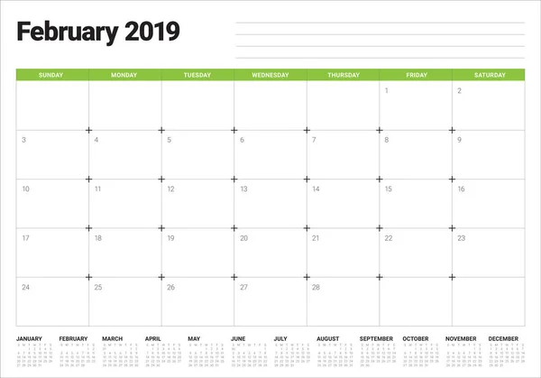 Febrero 2019 Escritorio Calendario Vector Ilustración Diseño Simple Limpio — Archivo Imágenes Vectoriales