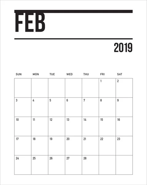 Februari 2019 Bureau Agenda Vectorillustratie Eenvoudige Schone Ontwerp — Stockvector