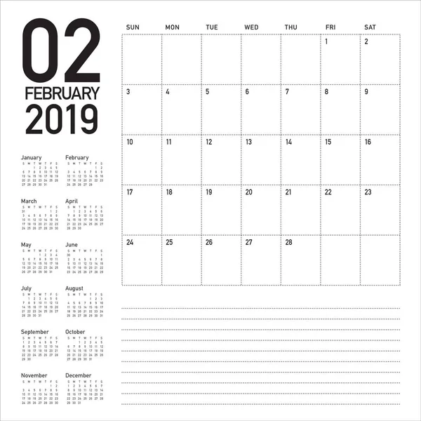 Februari 2019 Bureau Agenda Vectorillustratie Eenvoudige Schone Ontwerp — Stockvector