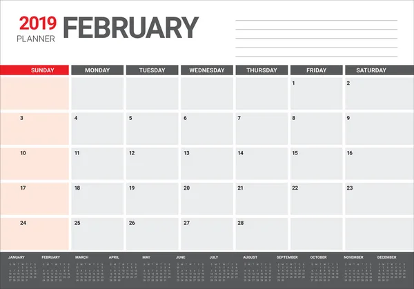 Febrero 2019 Escritorio Calendario Vector Ilustración Diseño Simple Limpio — Vector de stock