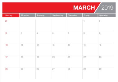 Mart 2019 Resepsiyon takvim vektör çizim, basit ve temiz tasarım.