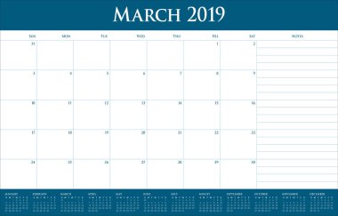 Mart 2019 Resepsiyon takvim vektör çizim, basit ve temiz tasarım.