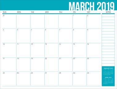 Mart 2019 Resepsiyon takvim vektör çizim, basit ve temiz tasarım.