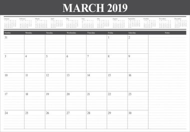 Mart 2019 Resepsiyon takvim vektör çizim, basit ve temiz tasarım.