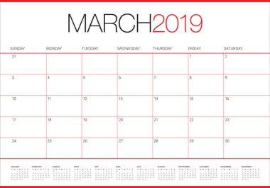 Mart 2019 Resepsiyon takvim vektör çizim, basit ve temiz tasarım.