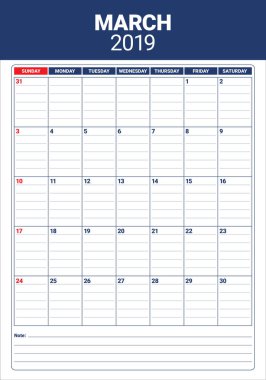 Mart 2019 Resepsiyon takvim vektör çizim, basit ve temiz tasarım.