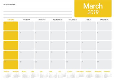 Mart 2019 Resepsiyon takvim vektör çizim, basit ve temiz tasarım.