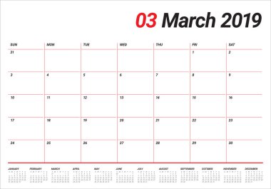 Mart 2019 Resepsiyon takvim vektör çizim, basit ve temiz tasarım.