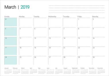 Mart 2019 Resepsiyon takvim vektör çizim, basit ve temiz tasarım.