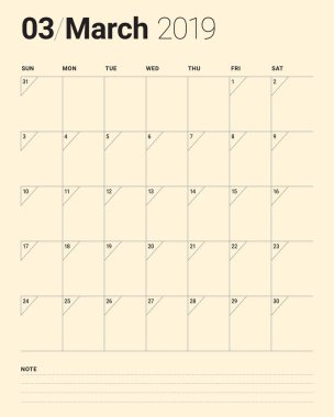 Mart 2019 Resepsiyon takvim vektör çizim, basit ve temiz tasarım.