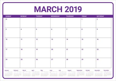 Mart 2019 Resepsiyon takvim vektör çizim, basit ve temiz tasarım.