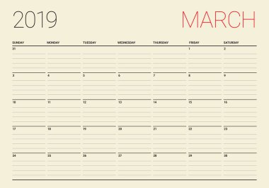 Mart 2019 Resepsiyon takvim vektör çizim, basit ve temiz tasarım.