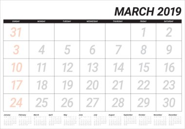 Mart 2019 Resepsiyon takvim vektör çizim, basit ve temiz tasarım.