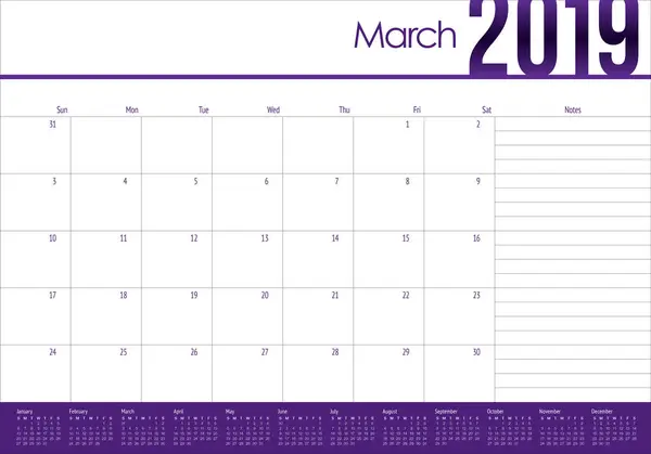 Marzo 2019 Escritorio Calendario Vector Ilustración Diseño Simple Limpio — Archivo Imágenes Vectoriales