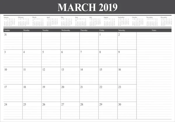 Marzo 2019 Escritorio Calendario Vector Ilustración Diseño Simple Limpio — Archivo Imágenes Vectoriales