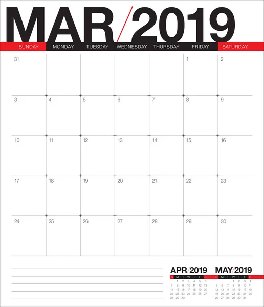 Ilustracja Wektorowa Marca 2019 Biurko Kalendarza Prosty Czysty Design — Wektor stockowy