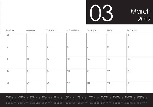 Marzo 2019 Escritorio Calendario Vector Ilustración Diseño Simple Limpio — Archivo Imágenes Vectoriales