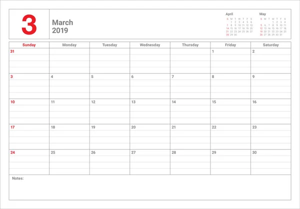 Marzo 2019 Escritorio Calendario Vector Ilustración Diseño Simple Limpio — Vector de stock