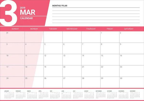 Mars 2019 Skrivbord Kalender Vektorillustration Enkel Och Ren Design — Stock vektor